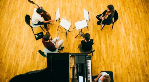 A top down view of musicians playing their instruments.